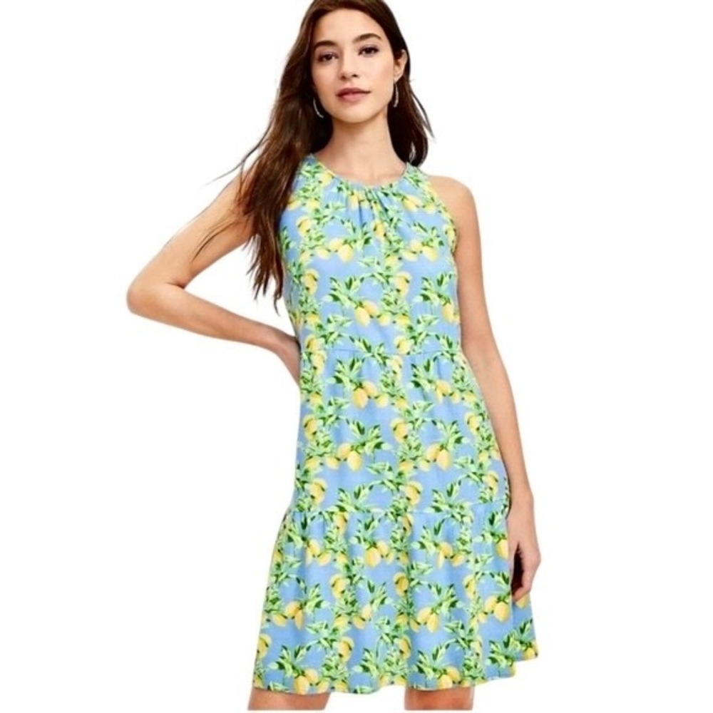 Loft Summer Dress Mini Tiered Lemon Print Linen Blend Blue Flowy Women's Small